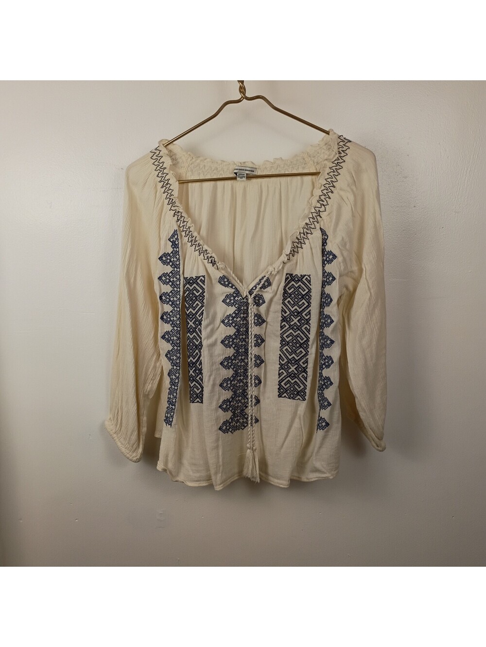 American Eagle Outfitters Women's S Embroiderd Boho Peasant Top Tassels Babydoll